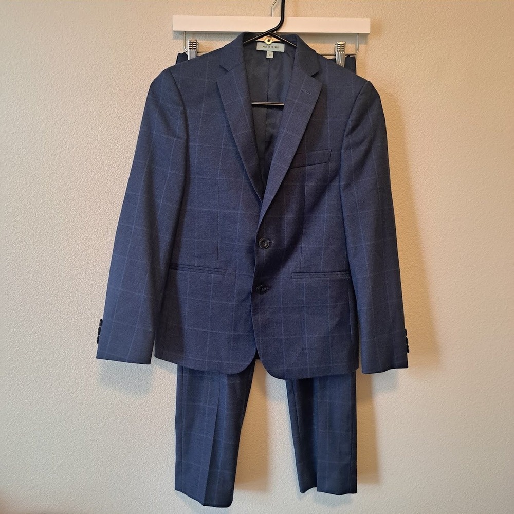 Class Club Boys Navy Blue Windowpane Plaid Suit Set Modern Fit Size 12/10